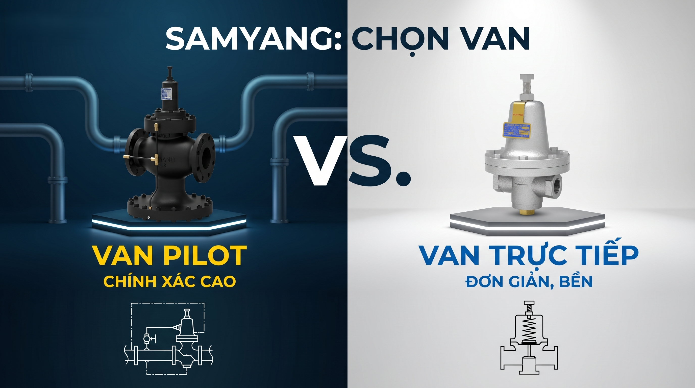 So s&aacute;nh van giảm &aacute;p trực tiếp v&agrave; pilot Samyang